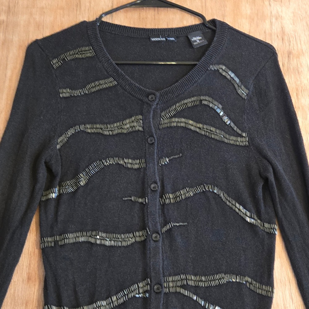 Moda International Silk Cashmere Beaded Cardigan Sweater Black Medium